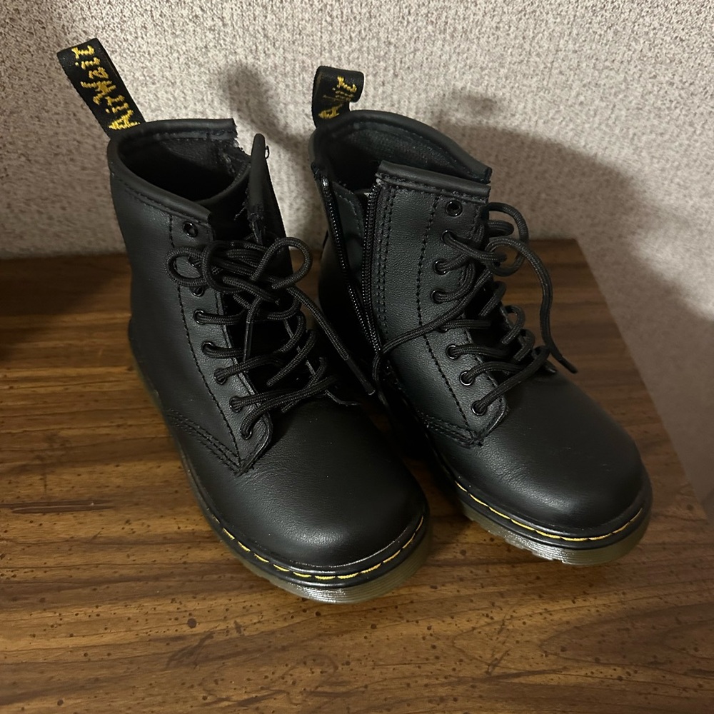 Dr. Martens Kids Black Leather Lace-Up Boots with Yellow Stitching